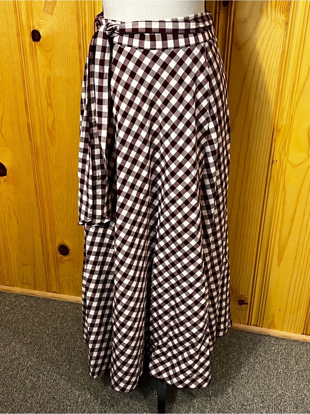Forte_Forte Cotton Gingham Checked Tie-Waist Maxi Skirt in Maroon and Cream Sz-M - Picture 2 of 9